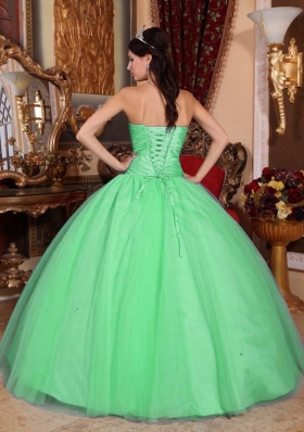 Puffy Sweetheart with Beading and Ruching for 2014 Green Quinceanera Dress