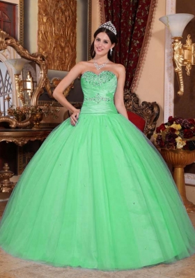 Puffy Sweetheart with Beading and Ruching for 2014 Green Quinceanera Dress