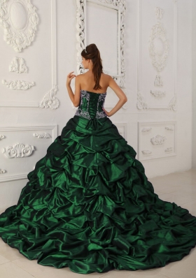 Romantic Dark Green Puffy Sweetheart with Layers and Appliques for 2014 Quinceanera Dress