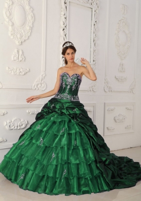 Romantic Dark Green Puffy Sweetheart with Layers and Appliques for 2014 Quinceanera Dress