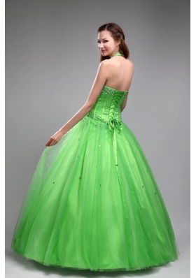 Romantic Green Puffy Halter for 2014 Quinceanera Dress with Beading