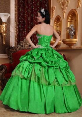 Romantic Puffy Strapless with Pick-ups and Appliques for 2014 Green Quinceanera Dress