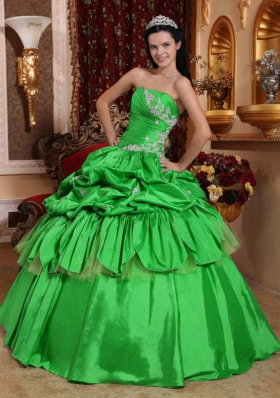Romantic Puffy Strapless with Pick-ups and Appliques for 2014 Green Quinceanera Dress