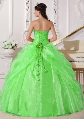 Spring Green Puffy Strapless with Lace Embroidery and Beading Quinceanera Dress for 2014