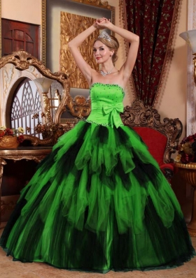 The Brand New Style Wonderful Puffy Strapless for 2014 Green and Black Quinceanera Dress with Bow and Beading