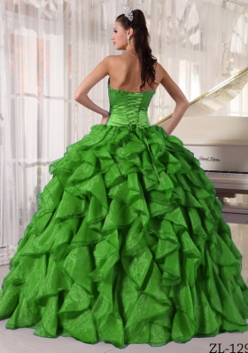 2014 Green Puffy Strapless with Ruffles and Beading Quinceanera Dress