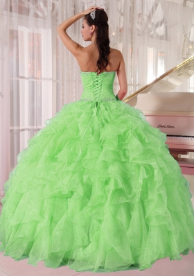 2014 New Spring Green Strapless Ruffles and Beading for Quinceanera Dresses