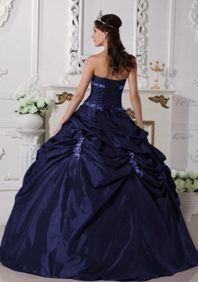 2014 Princess Navy Blue Strapless Long Appliques Quinceanera Dresses