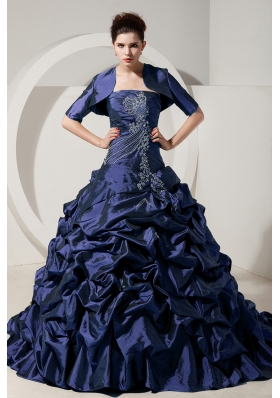 2014 Spring Navy Blue Strapless Brush Quinceanera Gowns with Beading