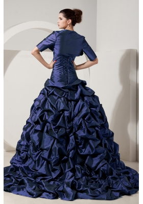 2014 Spring Navy Blue Strapless Brush Quinceanera Gowns with Beading