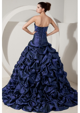 2014 Spring Navy Blue Strapless Brush Quinceanera Gowns with Beading