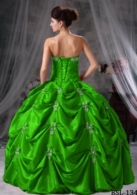 Affordable Puffy Strapless with Pick-ups and Appliques Quinceanera Dress for 2014