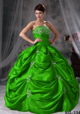 Affordable Puffy Strapless with Pick-ups and Appliques Quinceanera Dress for 2014