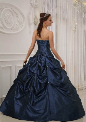 Cheap Puffy Beading Quinceanera Dress in Navy Blue