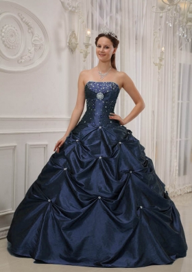 Cheap Puffy Beading Quinceanera Dress in Navy Blue
