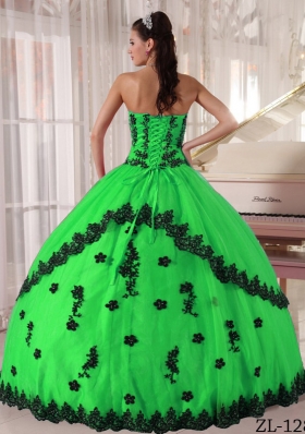 Fashionable Puffy Strapless with Appliques for Green Quinceanera Dress for 2014