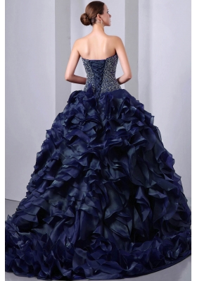 Luxurious Sweetheart Brush Train Beading Princess Quinceanea Dresses in Navy Blue