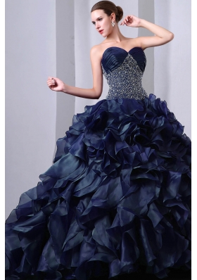Luxurious Sweetheart Brush Train Beading Princess Quinceanea Dresses in Navy Blue