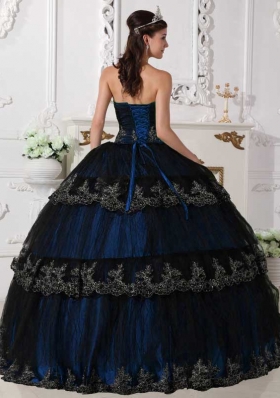 Navy Blue Puffy Appliques Navy Quinceanera Gowns with Strapless