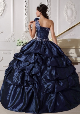 One Shoulder Appliques and Pick-ups Quinceanera Gown in Navy Blue