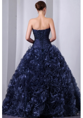 Pretty Navy Blue Princess Strapless Beading and Hand Made Flowers Quinceanea Dress