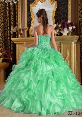 2014 Exclusive Green Puffy Sweetheart with Ruffles for Quinceanera Dress