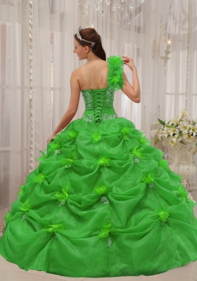 2014 Exclusive Puffy One-shoulder Beading and Appliques Green Quinceanera Dress with Pick-ups