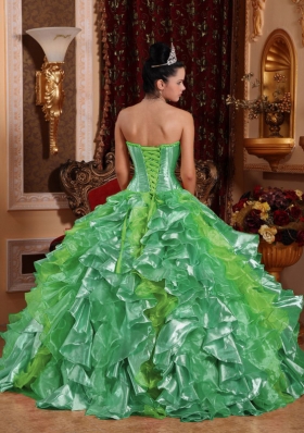 2014 Puffy Strapless Green Lace and Embroidery Quinceanera Dress with Ruffles