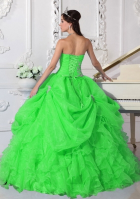 2014 Puffy Strapless with Ruffles and Beading for Green  Quinceanera Dress