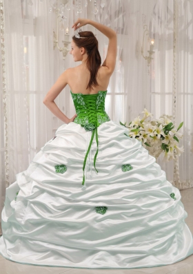 2014 Puffy Sweetheart Embroidery for White and Green Quinceanera Dress with Pick-ups