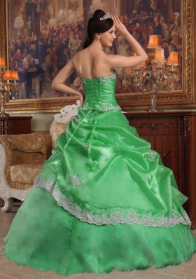 Beautiful Puffy Sweetheart Lace Appliques Decorate for 2014 Green Quinceanera Dress