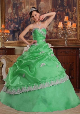 Beautiful Puffy Sweetheart Lace Appliques Decorate for 2014 Green Quinceanera Dress