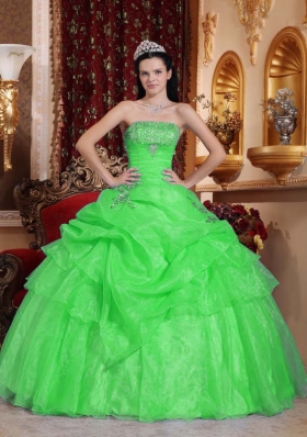 Classical Spring Green Puffy Strapless for 2014 Beading Quinceanera Dress with Appliques