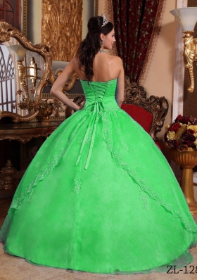 Cute Green Puffy Strapless with Lace Appliques Quinceanera Dress for 2014