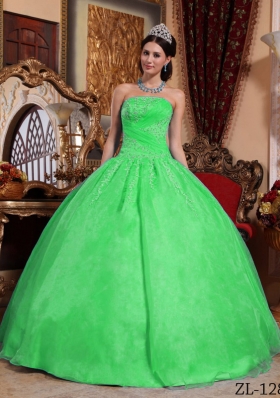 Cute Green Puffy Strapless with Lace Appliques Quinceanera Dress for 2014
