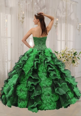 Cute Puffy Sweetheart with Ruffles and Beading for 2014 Green and Black Quinceanera Dress