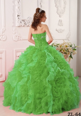 Elegant Green Puffy Sweetheart with Ruffles and Beading for 2014 Quinceanera Dress