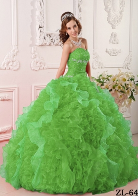 Elegant Green Puffy Sweetheart with Ruffles and Beading for 2014 Quinceanera Dress