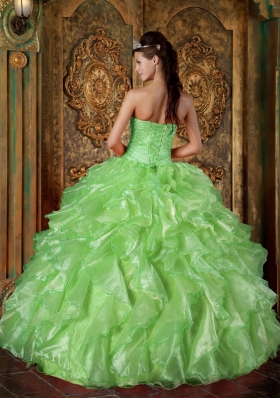 Inexpensive Puffy Strapless for 2014 with Beading and Ruffles for Green Quinceanera Dress