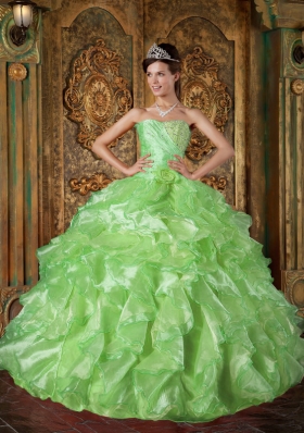 Inexpensive Puffy Strapless for 2014 with Beading and Ruffles for Green Quinceanera Dress