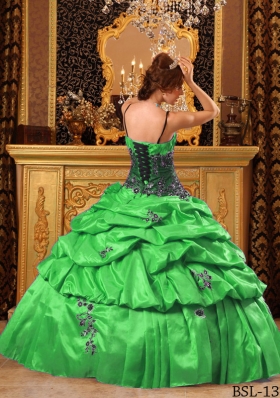 Lovely Green Puffy Straps Appliques for 2014 Quinceanera Dress with Pick-ups