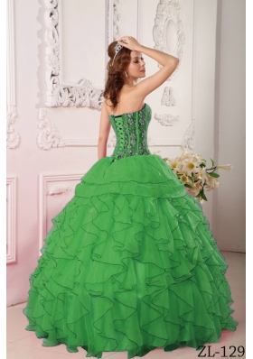 New Style Dark Green Puffy Sweetheart with Ruffles and Beading for 2014 Quinceanera Dress