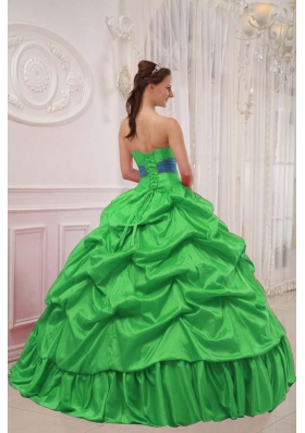 Perfect Puffy Strapless for 2014 Green Quinceanera Dress with Pick-ups and Beading