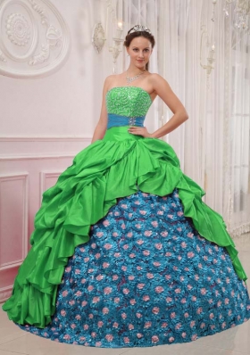 Perfect Puffy Strapless for 2014 Green Quinceanera Dress with Pick-ups and Beading