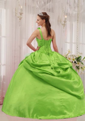 Pretty Puffy One Shoulder for 2014 Spring Green Quinceanera Dress with Pick-ups and Beading