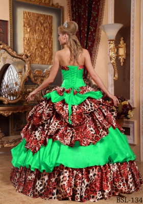 Puffy Strapless Leopard Pick-ups Decorate for 2014 Green Quinceanera Dress