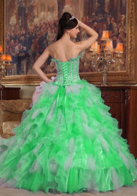 Puffy Strapless with Flowers and Appliques Decorate for 2014 Green Quinceanera Dress