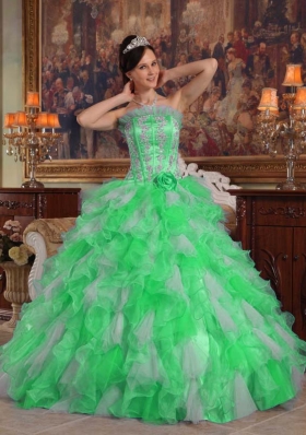 Puffy Strapless with Flowers and Appliques Decorate for 2014 Green Quinceanera Dress