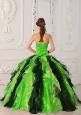 Sweet Puffy Strapless with Appliques and Ruffles for 2014 Green and Black Quinceanera Dress