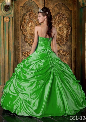 The Most Popular Green Puffy Strapless Appliques Decorate for 2014 Quinceanera Dress